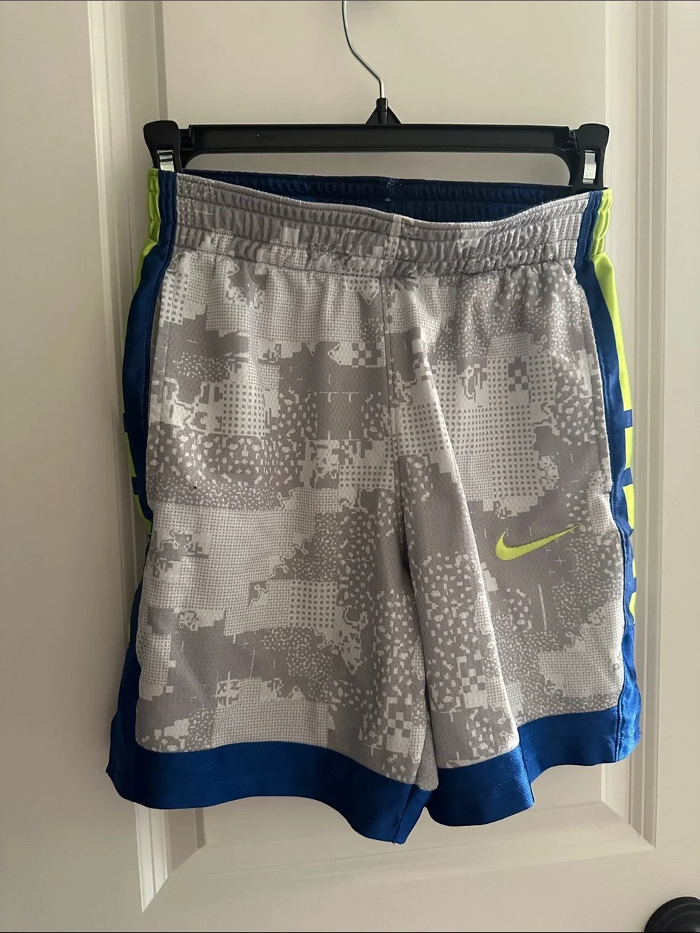Nike Youth Grey Digital Camo Shorts with Blue Trim and Neon Accent